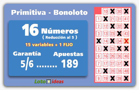 16 números en reducción al 5 por 189 apuestas (15 variables + 1 fijo)