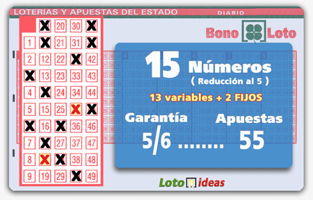 Bonoloto - 15 números (13 + 2 fijos) en reducción al 5 por 55 apuestas