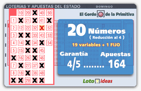 El Gordo de la Primitiva - 20 números (19 + 1 FIJO) en reducción al 4 por 164 apuestas