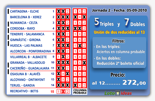 La Quiniela - Combinación reducida de 5 Triples y 7 Dobles por 544 apuestas