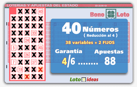Bonoloto - 40 números (38 + 2 fijos) en reducción al 4 por 88 apuestas