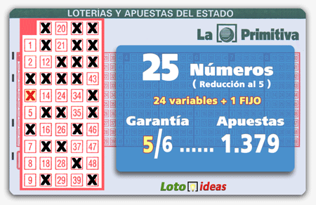 Primitiva - 25 números (24 + 1 fijo) en reducción al 5 por 1379 apuestas