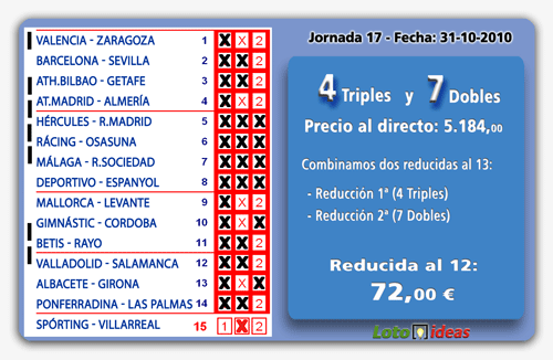 La Quiniela - Múltiple reducida al 12 de 4 Triples y 7 Dobles por 144 apuestas