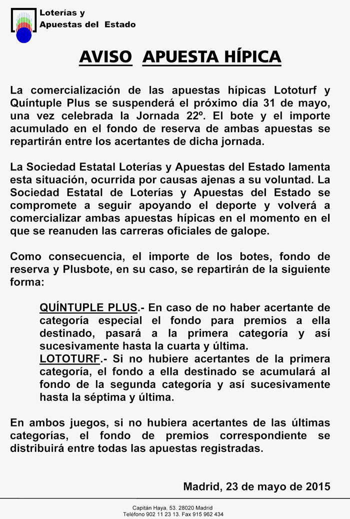 AVISO SUSPENSIÓN APUESTA HÍPICA