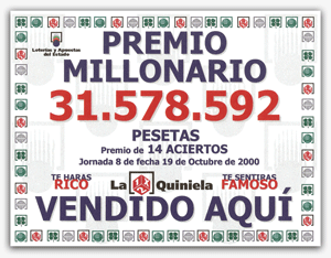 La Quiniela - Premio de 14 aciertos - 19 Octubre 2000