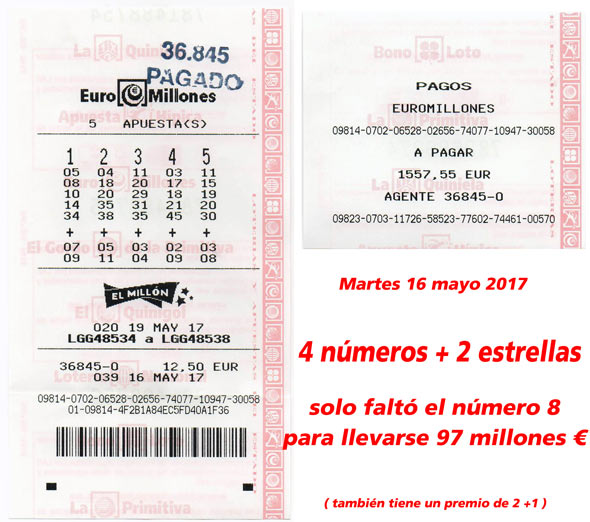 Euromillones - Premio de 4 números + 2 estrellas - 16 Mayo 2017