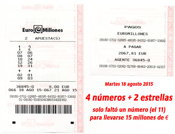 Euromillones - Premio de 4 números + 2 estrellas - 18 Agosto 2015