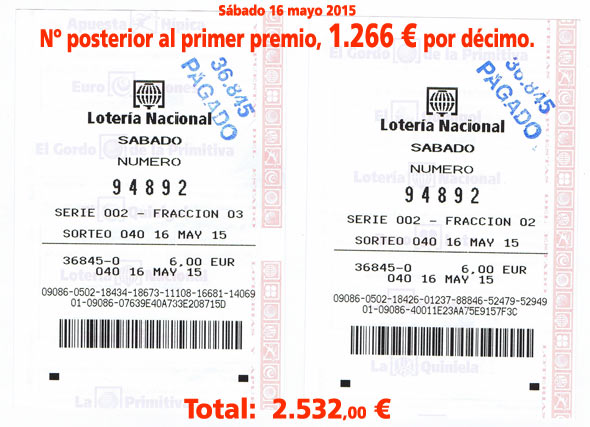 Lotería Nacional - Posterior al Primer Premio - 16 Mayo 2015